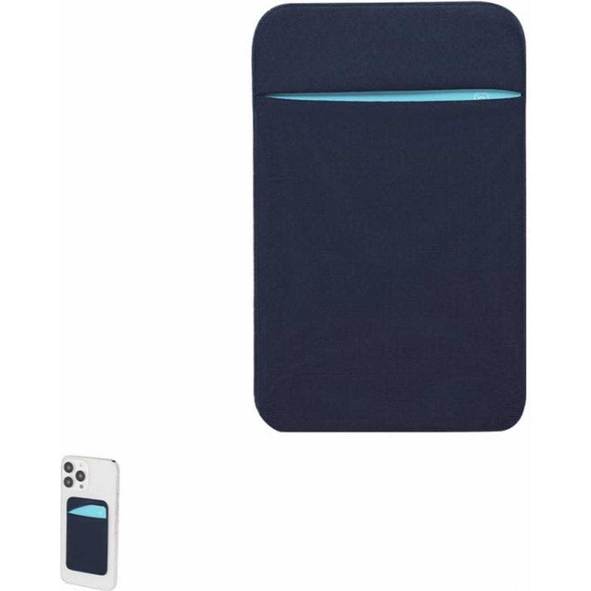 A navy blue tablet sleeve with a light blue pocket, accompanied by a smartphone for scale. Features branding.