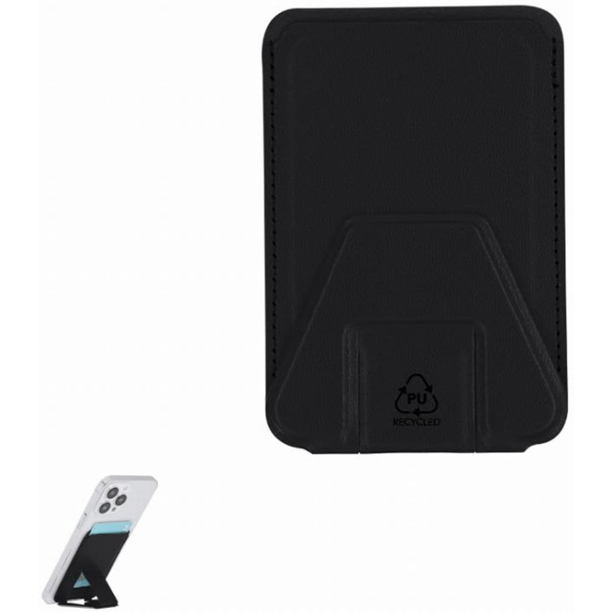 A black phone wallet featuring a stand, made from recycled materials, with a logo on the front.