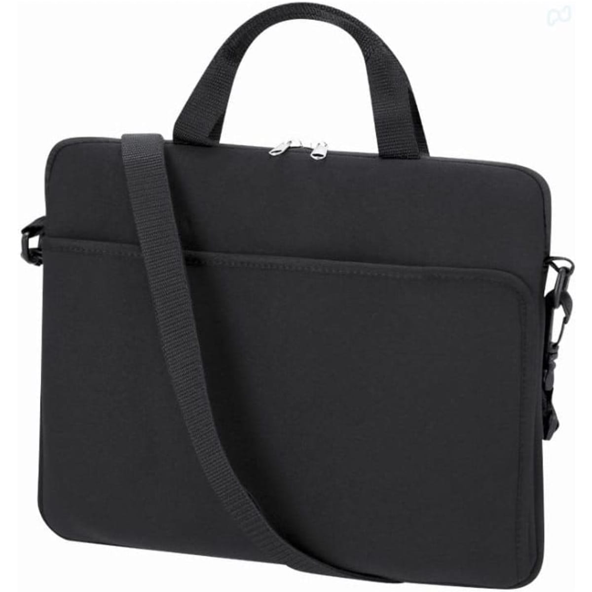A black laptop bag with a handle and detachable shoulder strap, featuring a zip closure and front pocket.