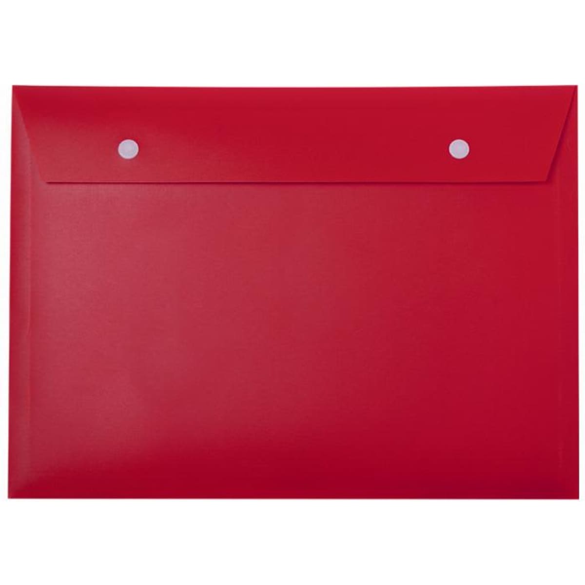A red document wallet with two white press studs on the flap closure. It has a smooth, glossy finish.
