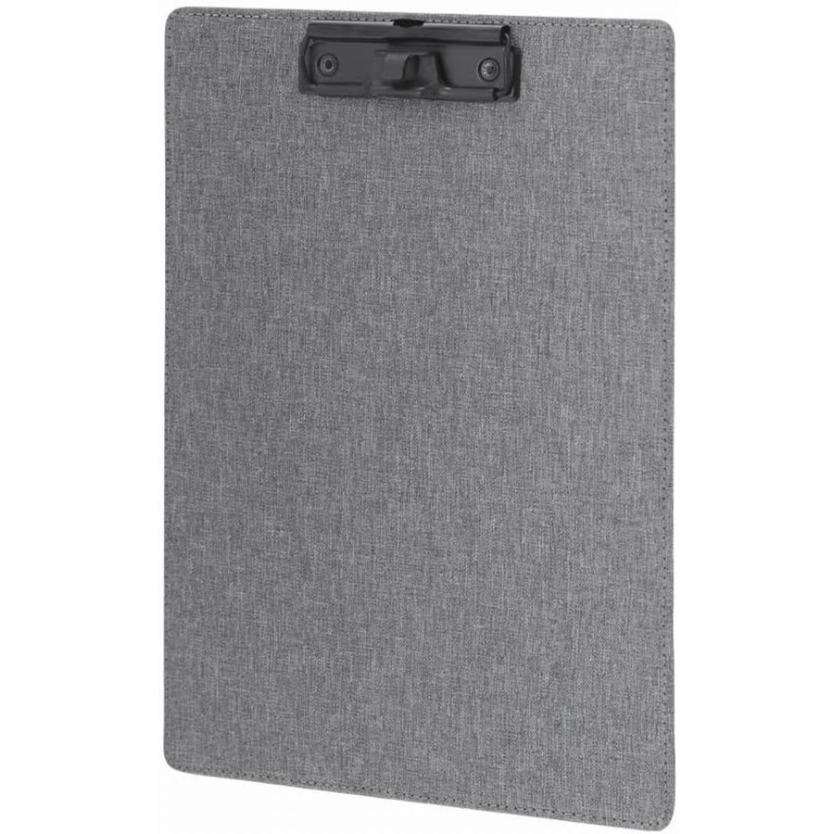A grey clipboard with a black clip at the top for holding papers. It features a textured fabric-like surface.