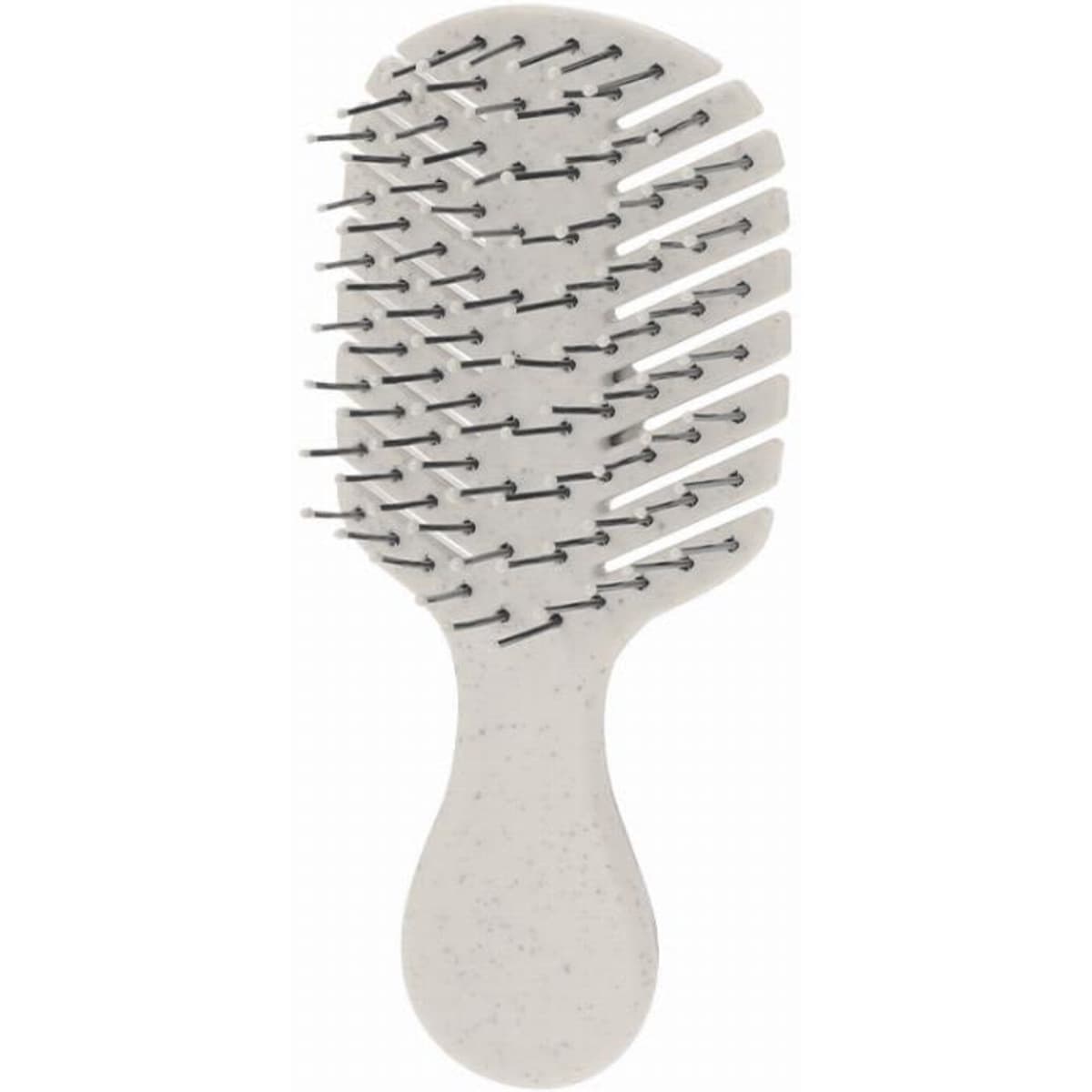 A hairbrush with a white body and flexible bristles, featuring a smooth, contoured handle.