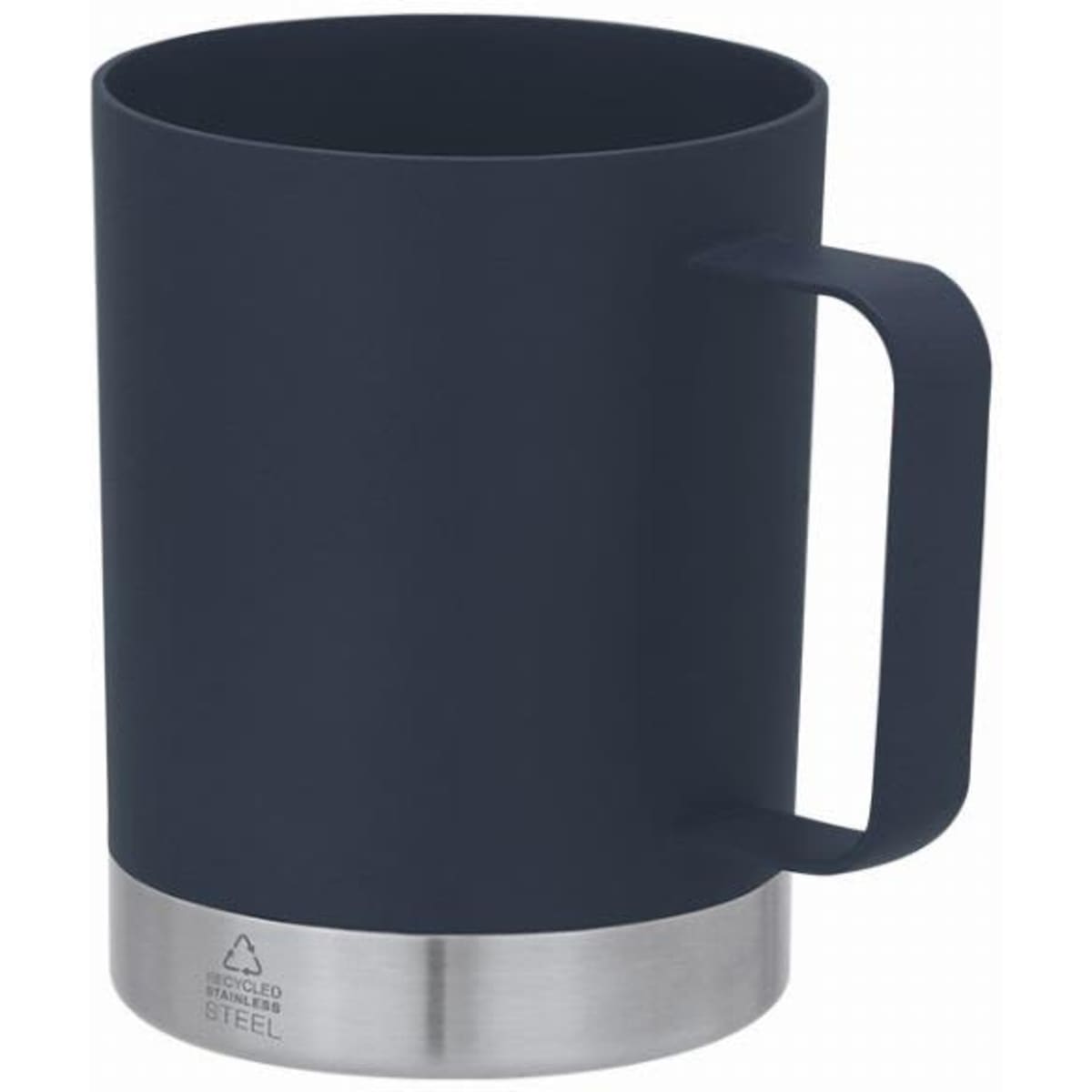 A drink bottle featuring a navy blue body and a stainless steel base with a handle. It includes a logo.