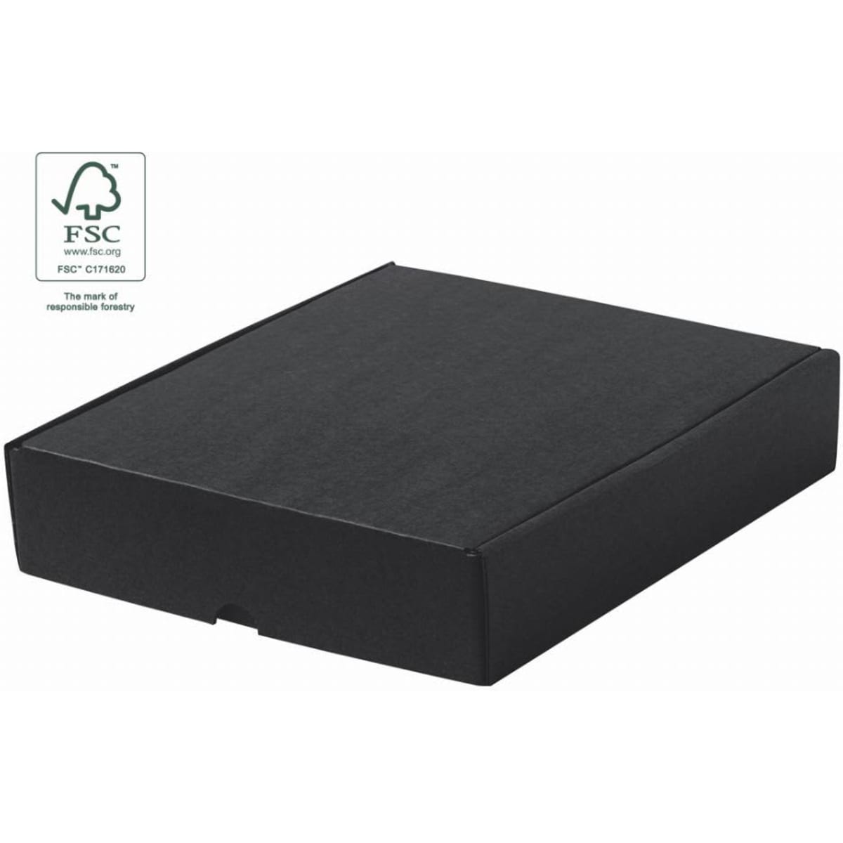 A black cardboard box with a flap opening and a logo indicating responsible forestry.
