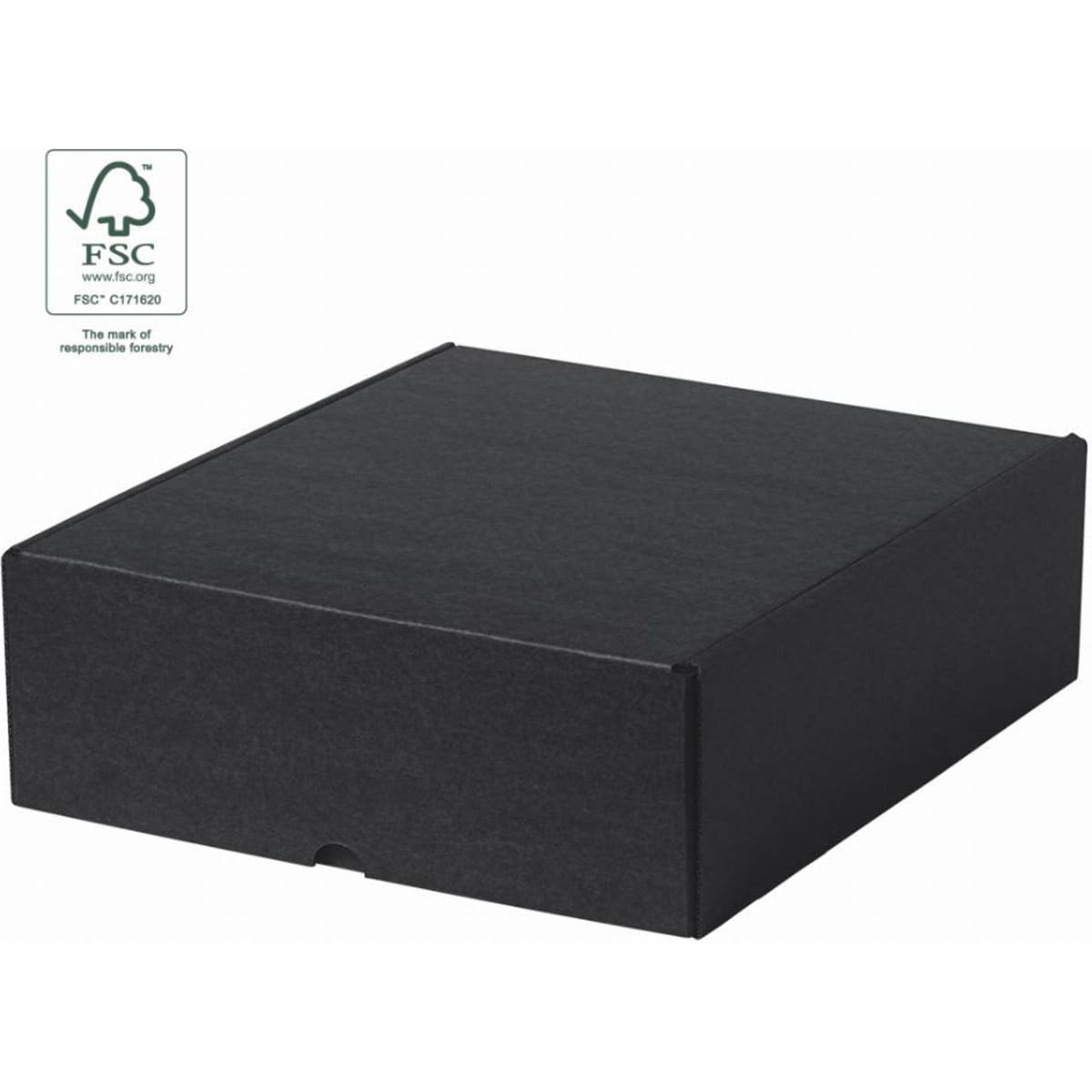 A black cardboard box with a folding lid and an FSC logo on the side.