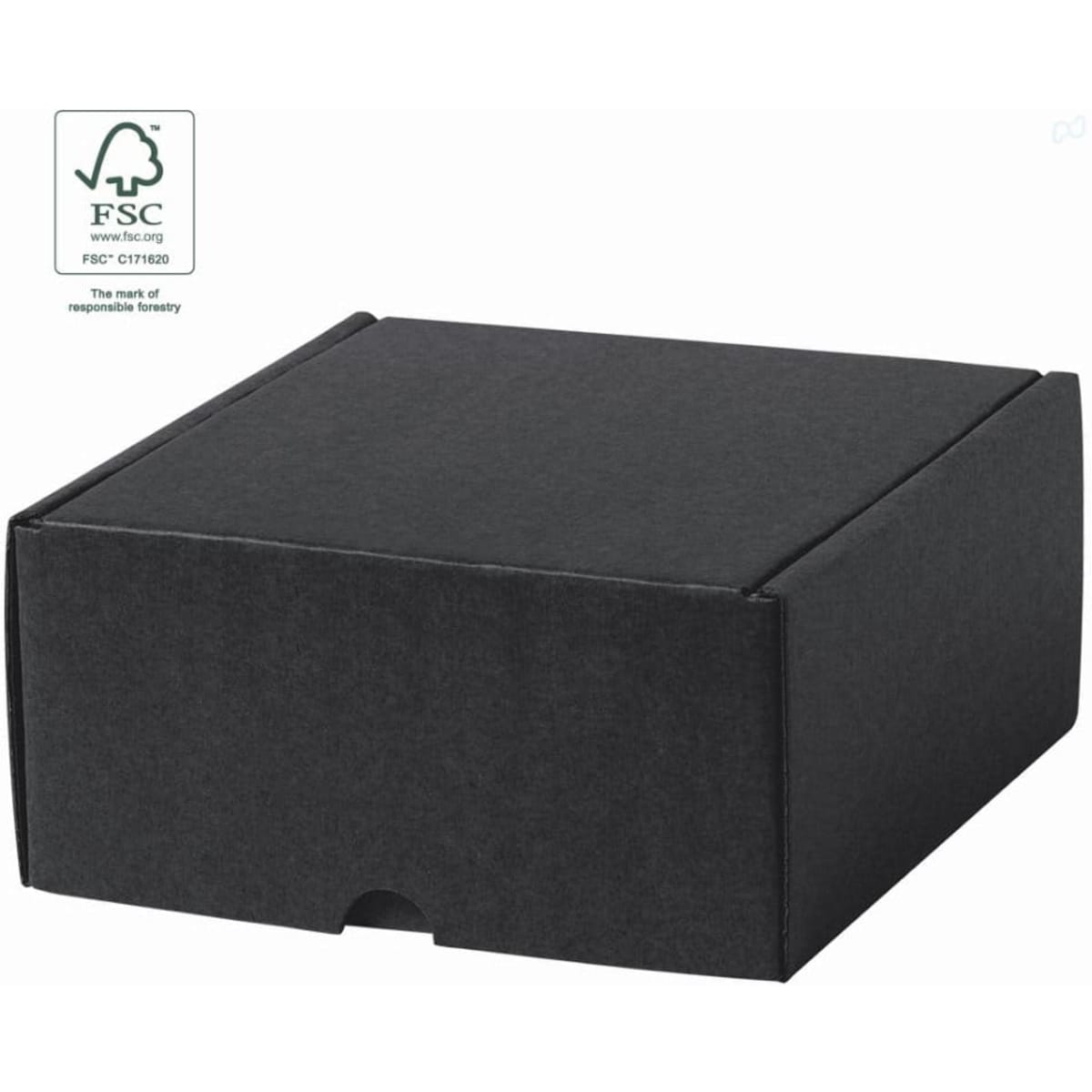 A black cardboard box with a flap closure and an FSC logo in the corner.