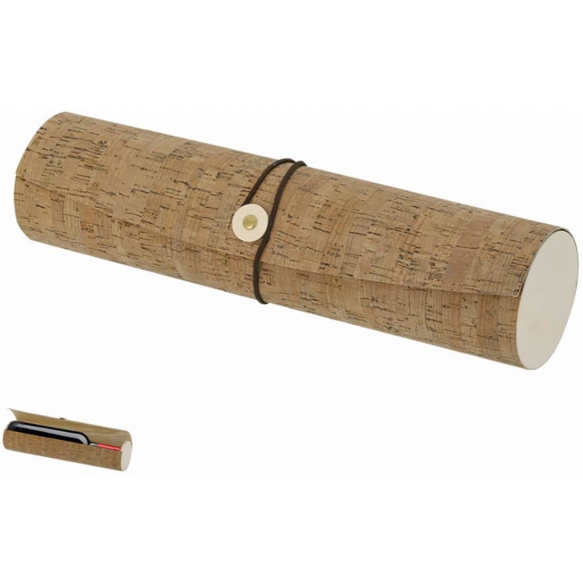 A cylindrical cork case with a brown elastic strap, featuring a button closure and seamless design.