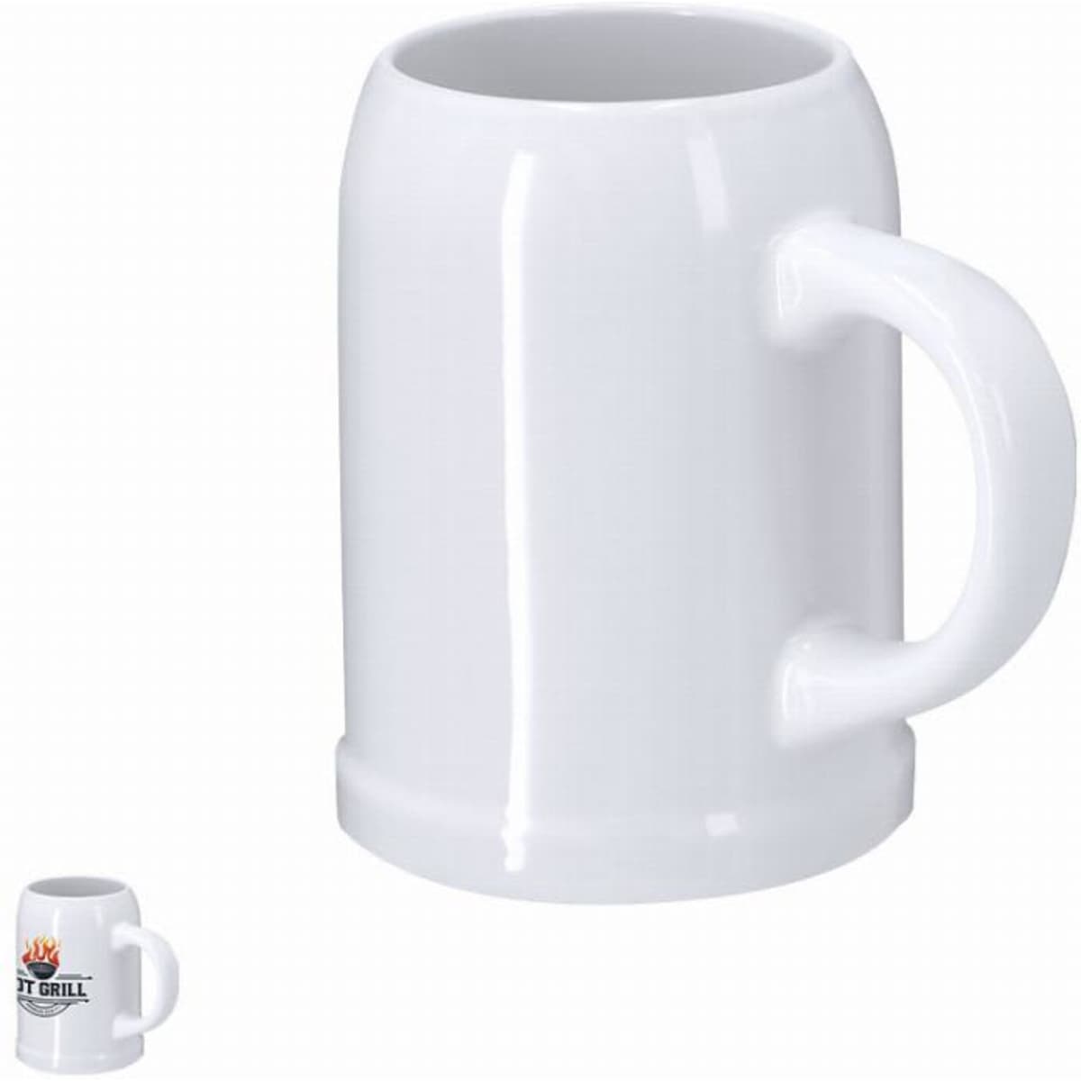 A white ceramic mug with a handle and a rounded base, featuring a logo on one side.