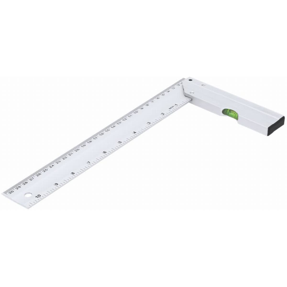 A square tool with a white body, a measuring scale, and a bubble level at the corner. It has a branding logo.