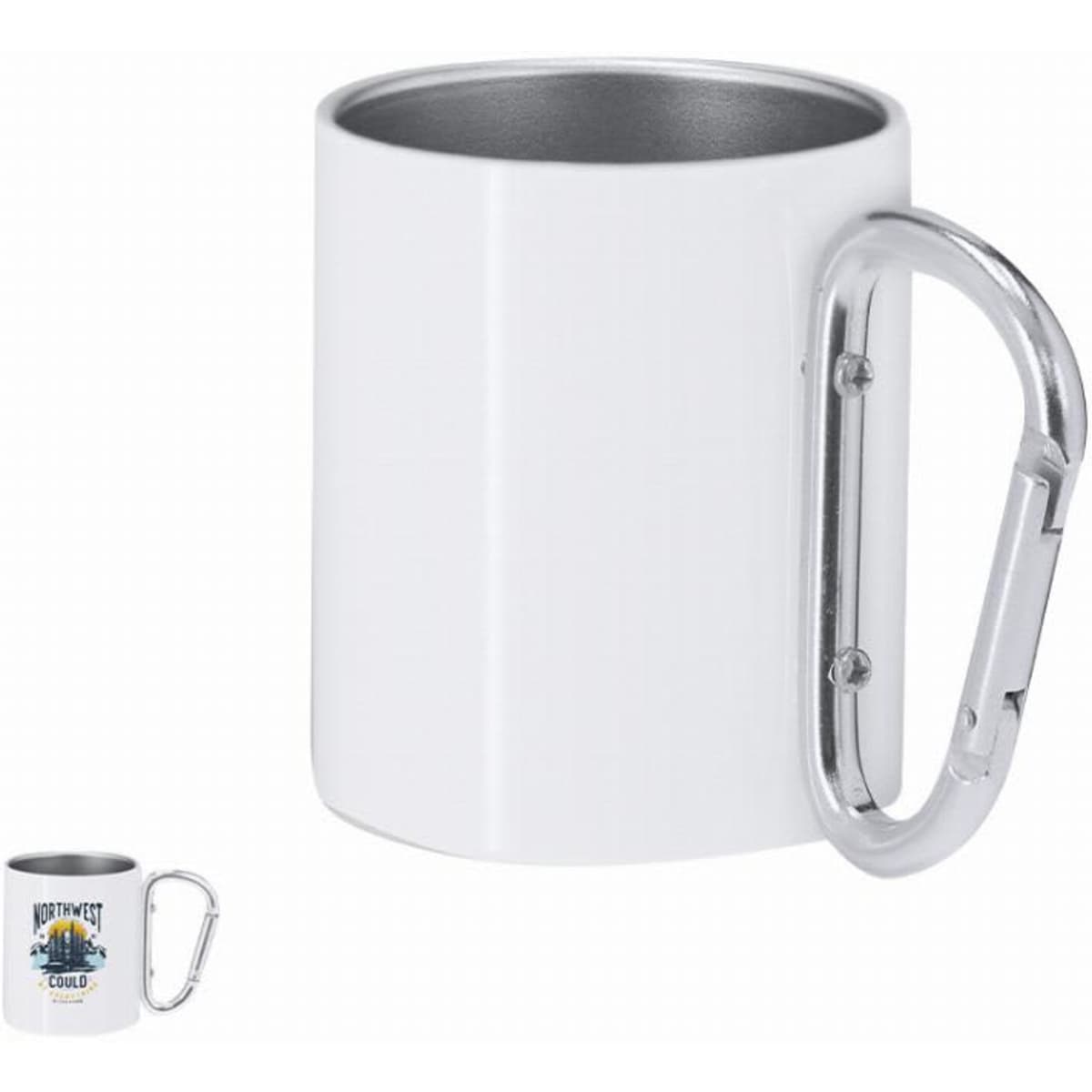 A white mug with a silver carabiner attached, featuring a metallic interior. The mug has a logo on one side.