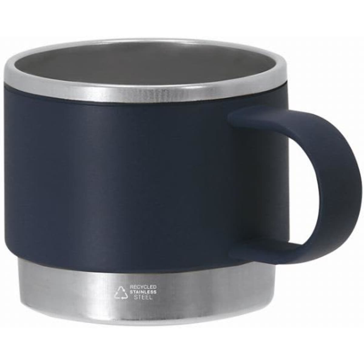 A drink bottle featuring a navy blue exterior with a stainless steel base and a handle. It includes a logo.