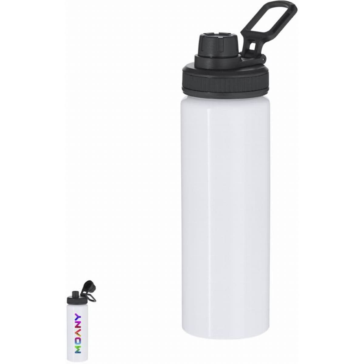 A drink bottle in white with a black lid and a handle. It features a logo on the surface.