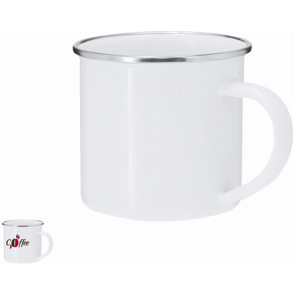A white enamel mug with a silver rim and a handle, featuring a small coffee logo.