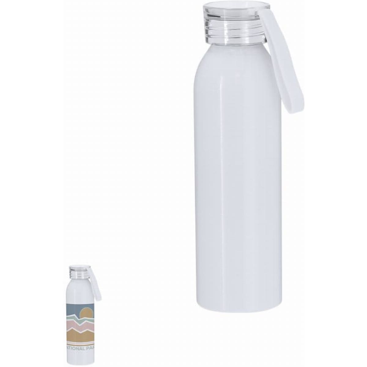 A drink bottle in white with a clear screw top and a strap, featuring a small logo on the side.