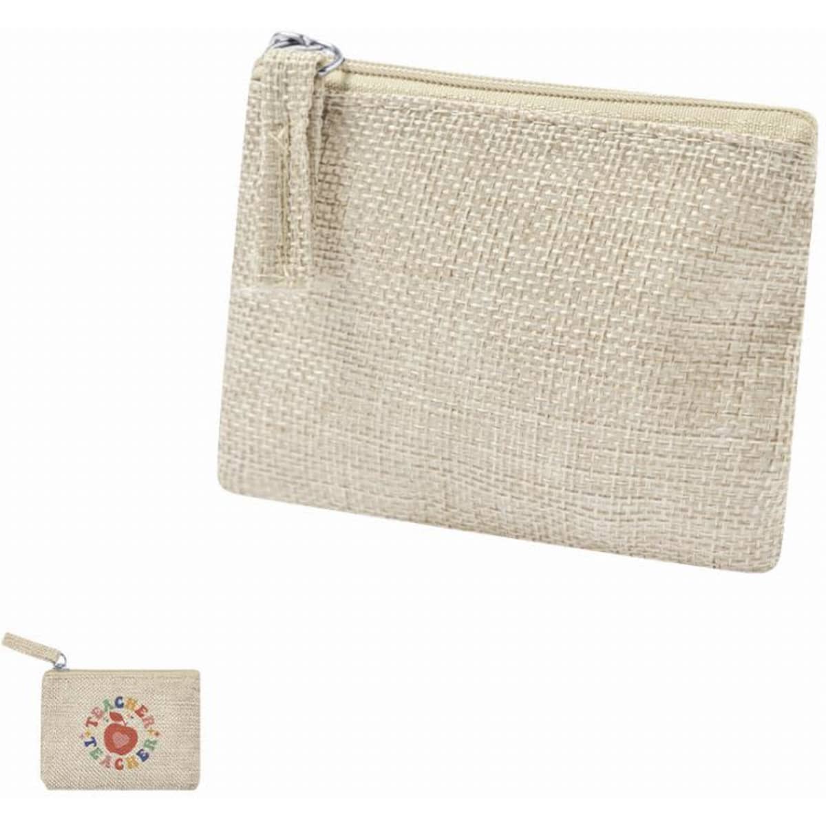 A textured beige pouch with a zipper, featuring a small attached wallet. The pouch has a simple, woven design.