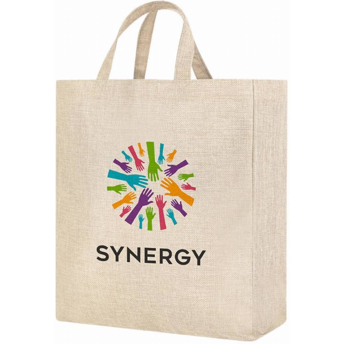 A tote bag in natural colour featuring a circle of colourful hands and a logo at the bottom.