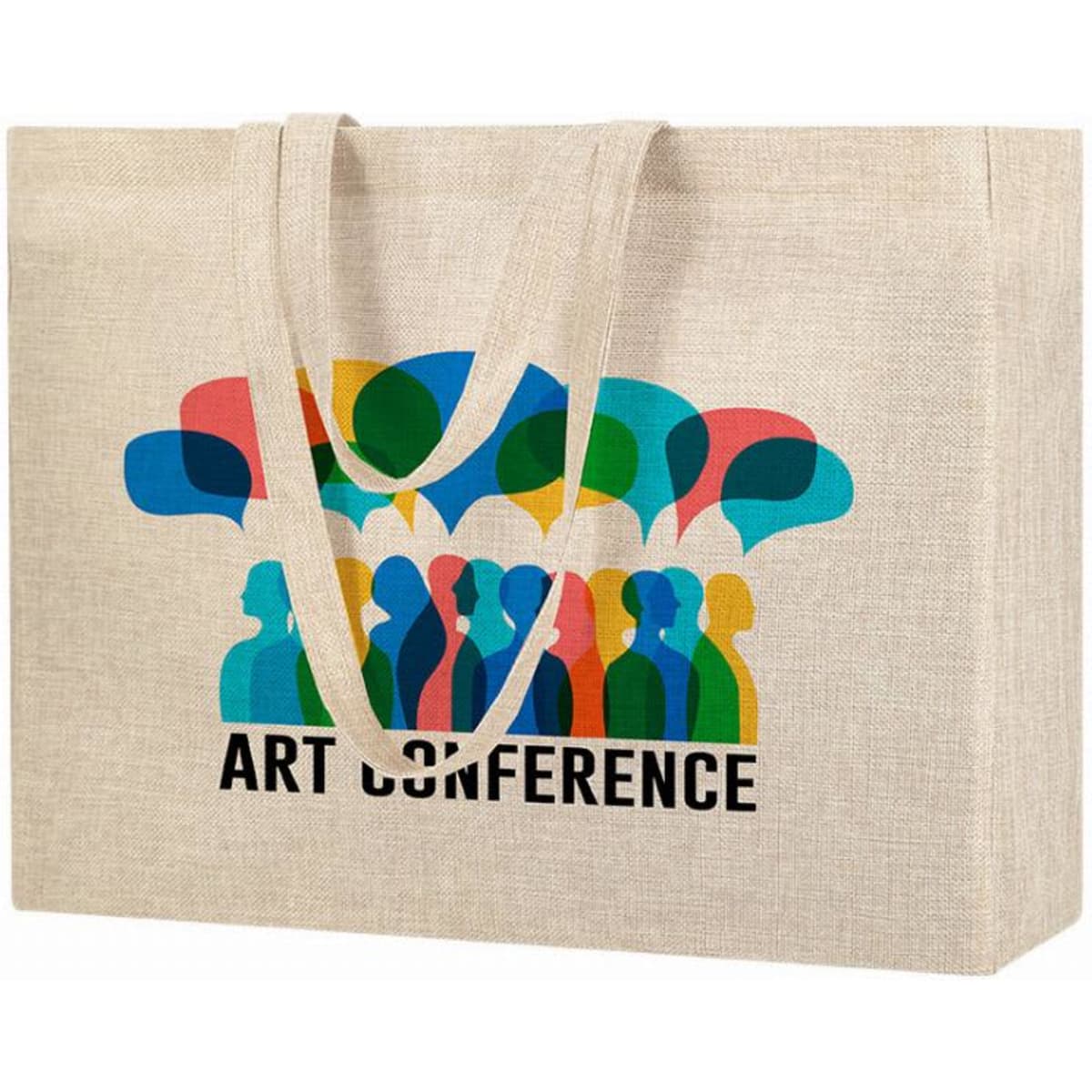 A tote bag featuring a colourful design of speech bubbles and silhouettes against a light beige background.