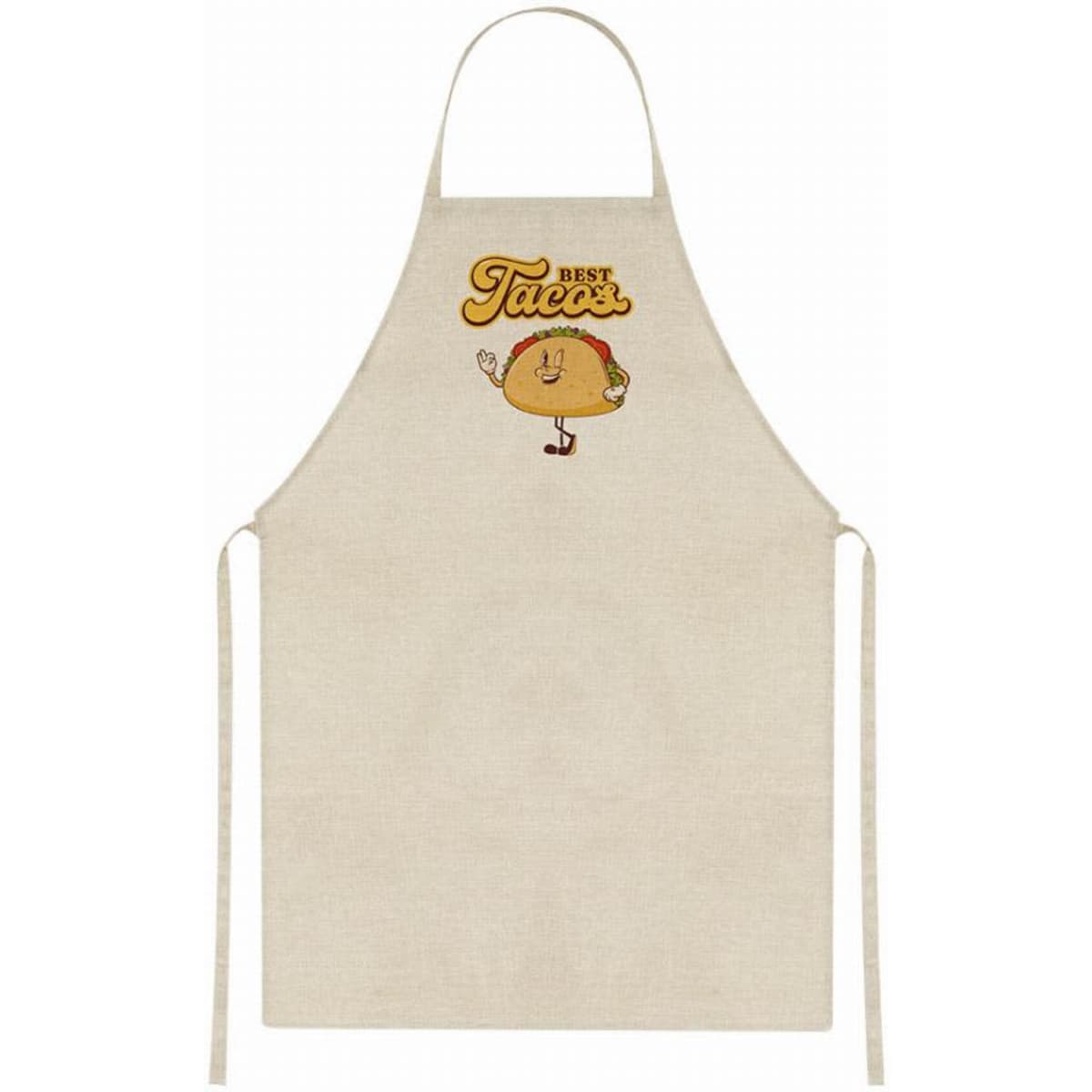 A cream-coloured apron featuring a cartoon taco character with the text "Best Tacos" and a logo at the top.