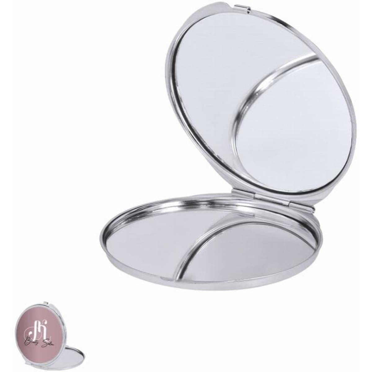 A compact mirror with a silver finish, featuring two reflective surfaces inside an elegantly designed case.