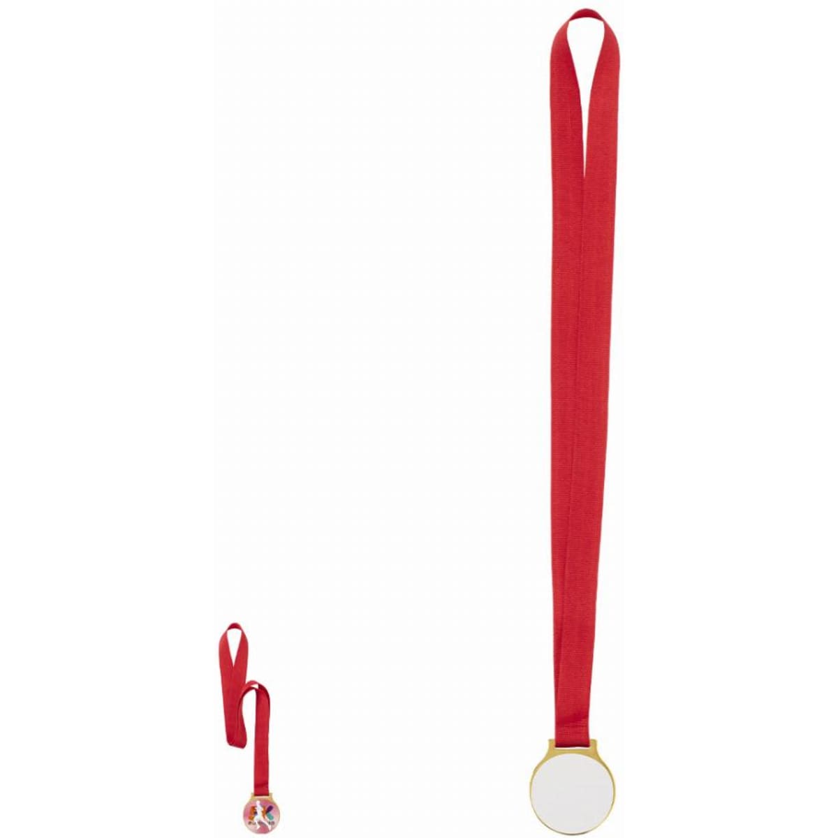 A medal with a circular gold pendant and a red ribbon. The pendant is blank, suitable for personalisation.