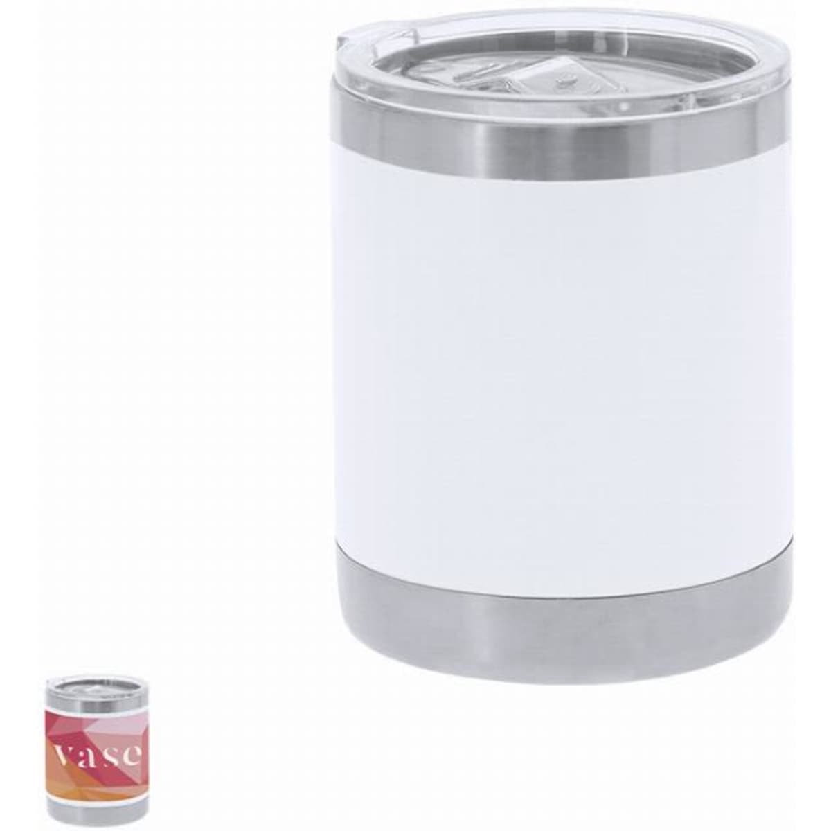 A drink bottle in white with a stainless steel base and a clear lid, featuring a logo.