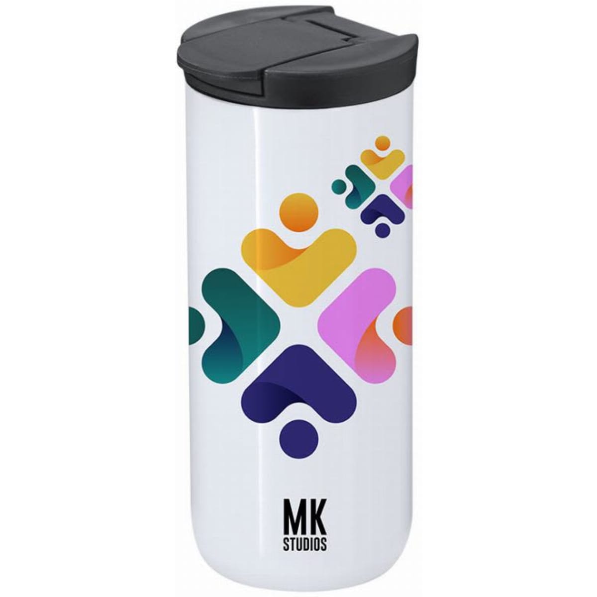 A drink bottle in white featuring a colourful abstract design and a black lid, with a logo at the bottom.