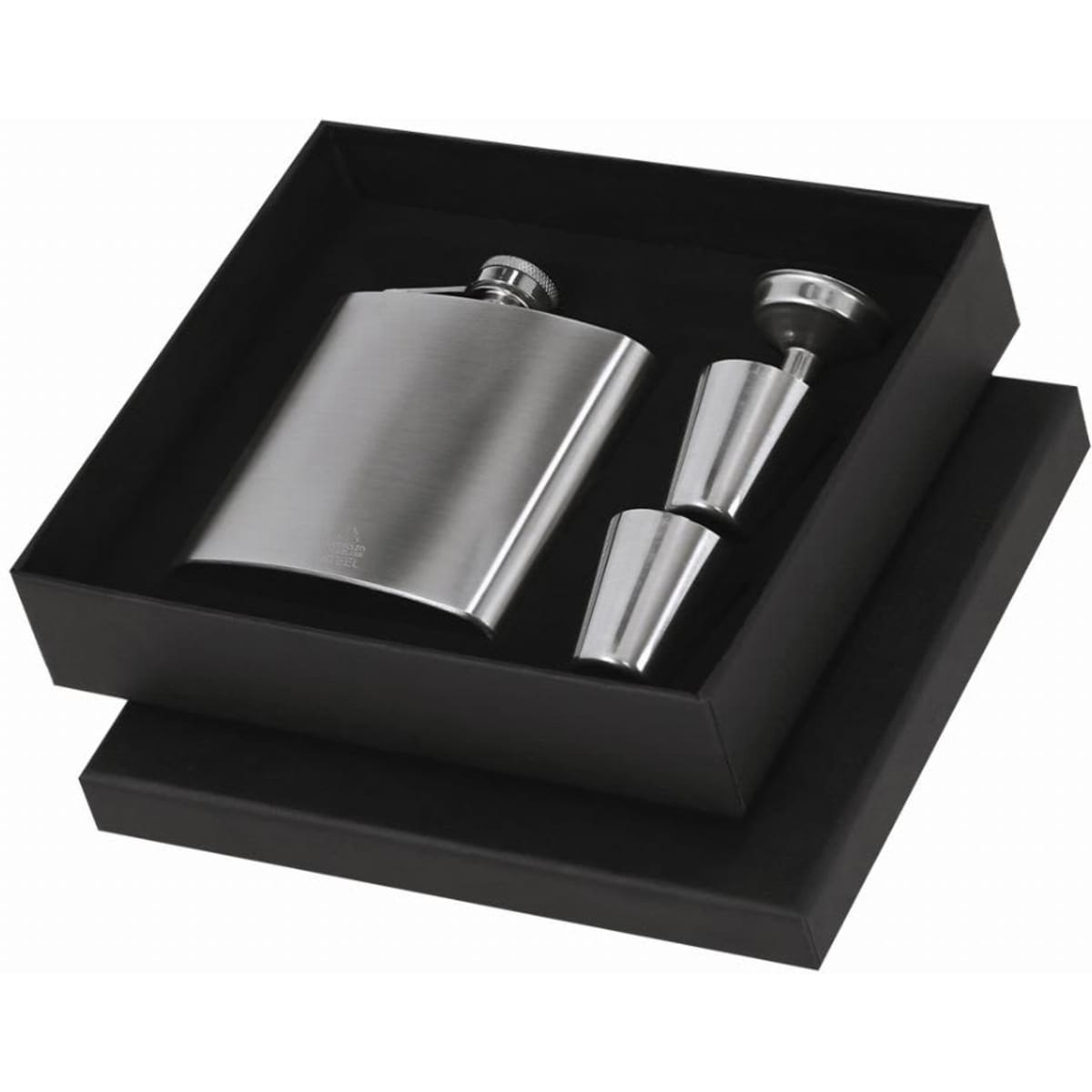 A drink bottle in a black gift box, featuring a stainless steel flask and two shot glasses.