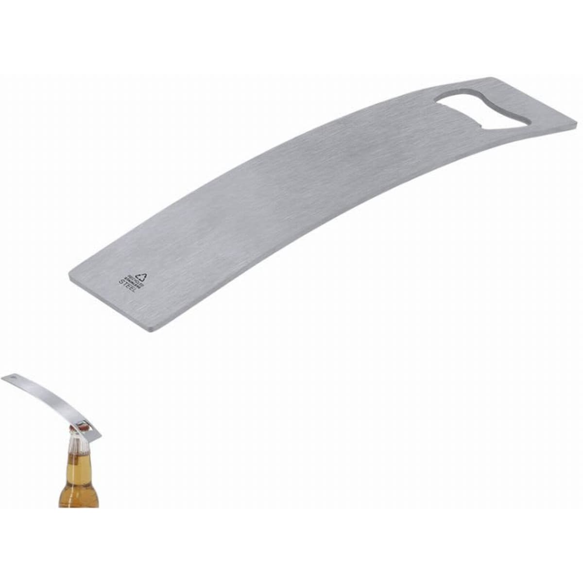 A bottle opener with a sleek stainless steel design, featuring a curved shape and a cut-out for opening caps.