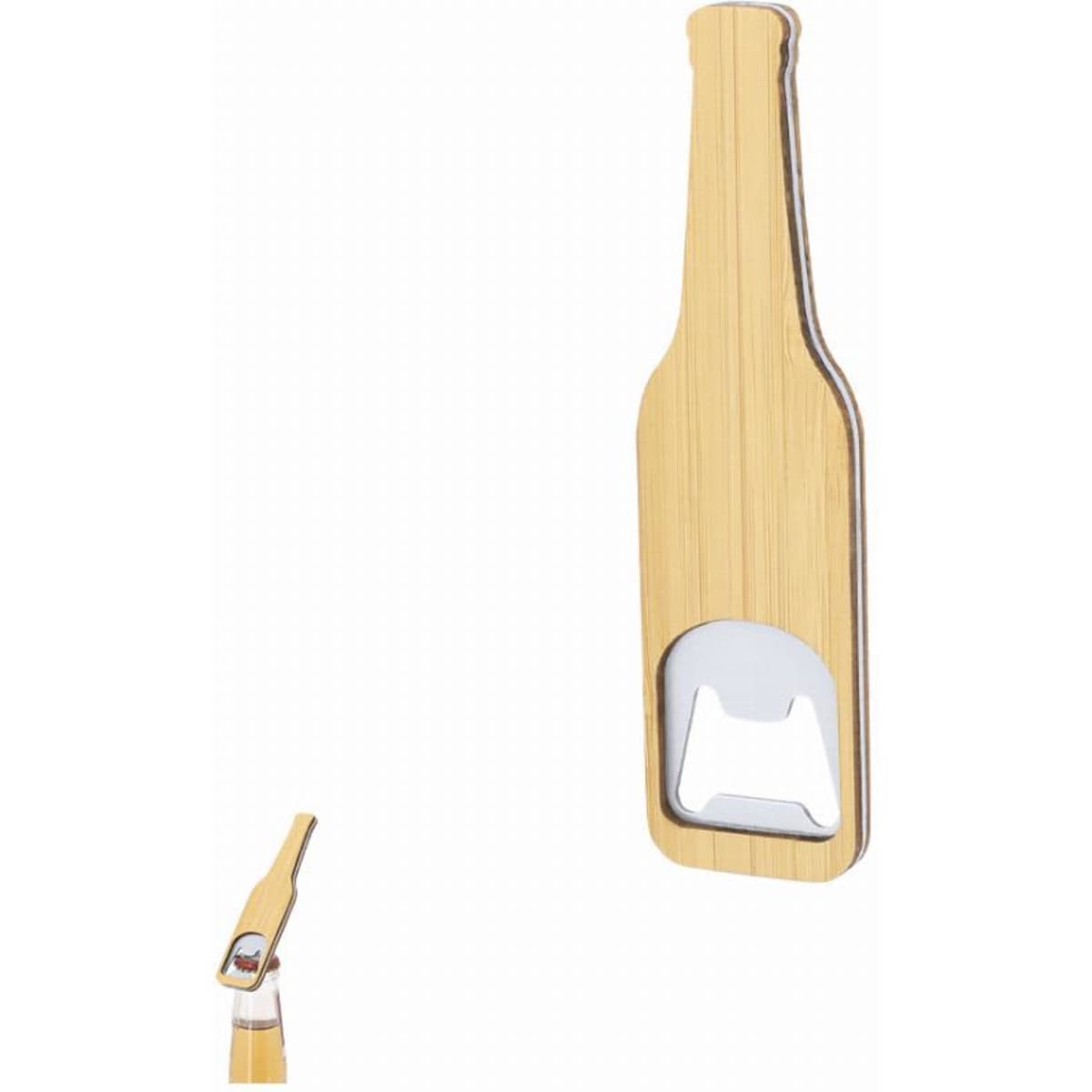 A drink bottle opener shaped like a wooden beer bottle, featuring a metallic opener at the bottom. It has a logo.