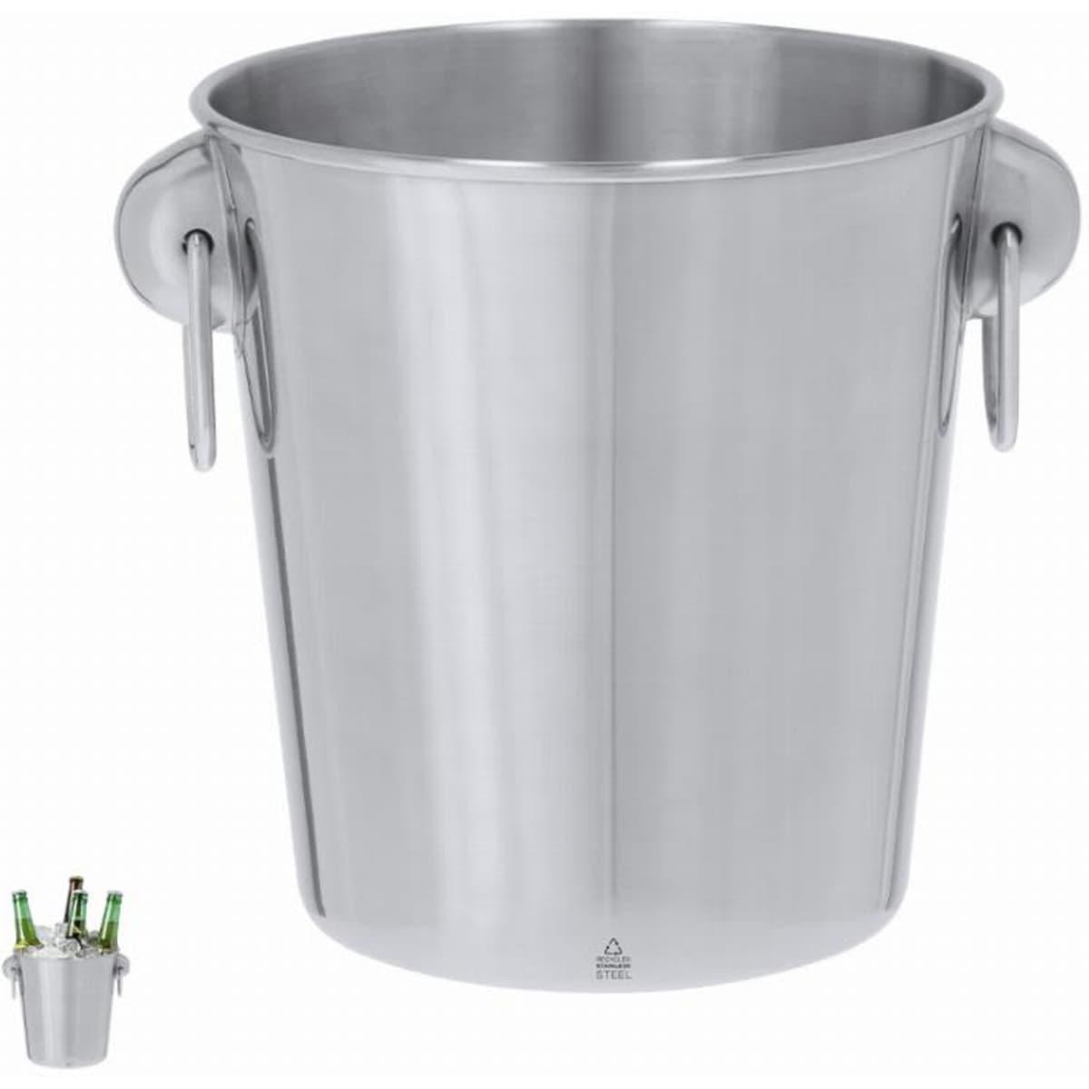 A stainless steel ice bucket with two handles, featuring a smooth, shiny finish.