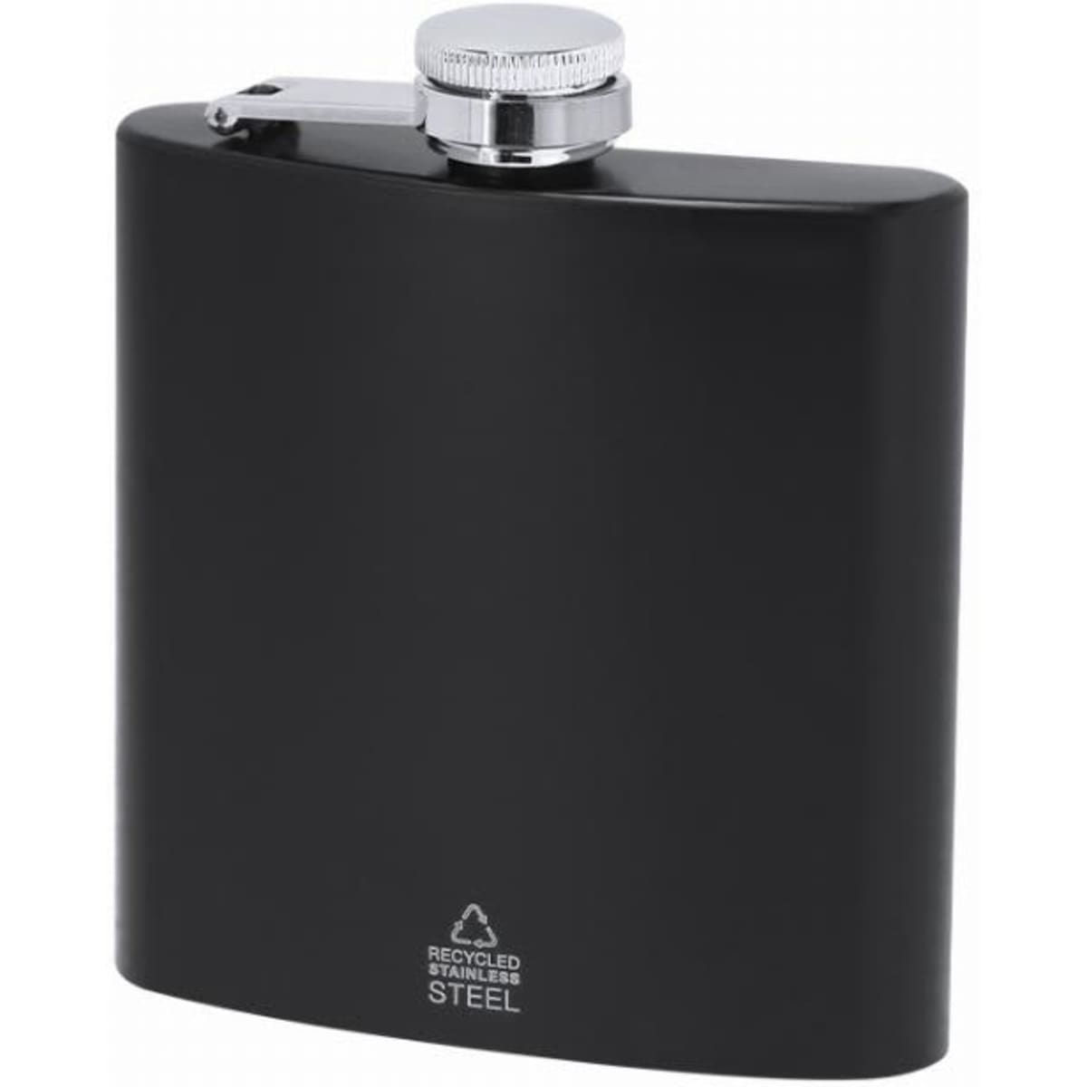 A drink bottle in a sleek black finish, made of recycled stainless steel, featuring a silver screw cap and a logo.
