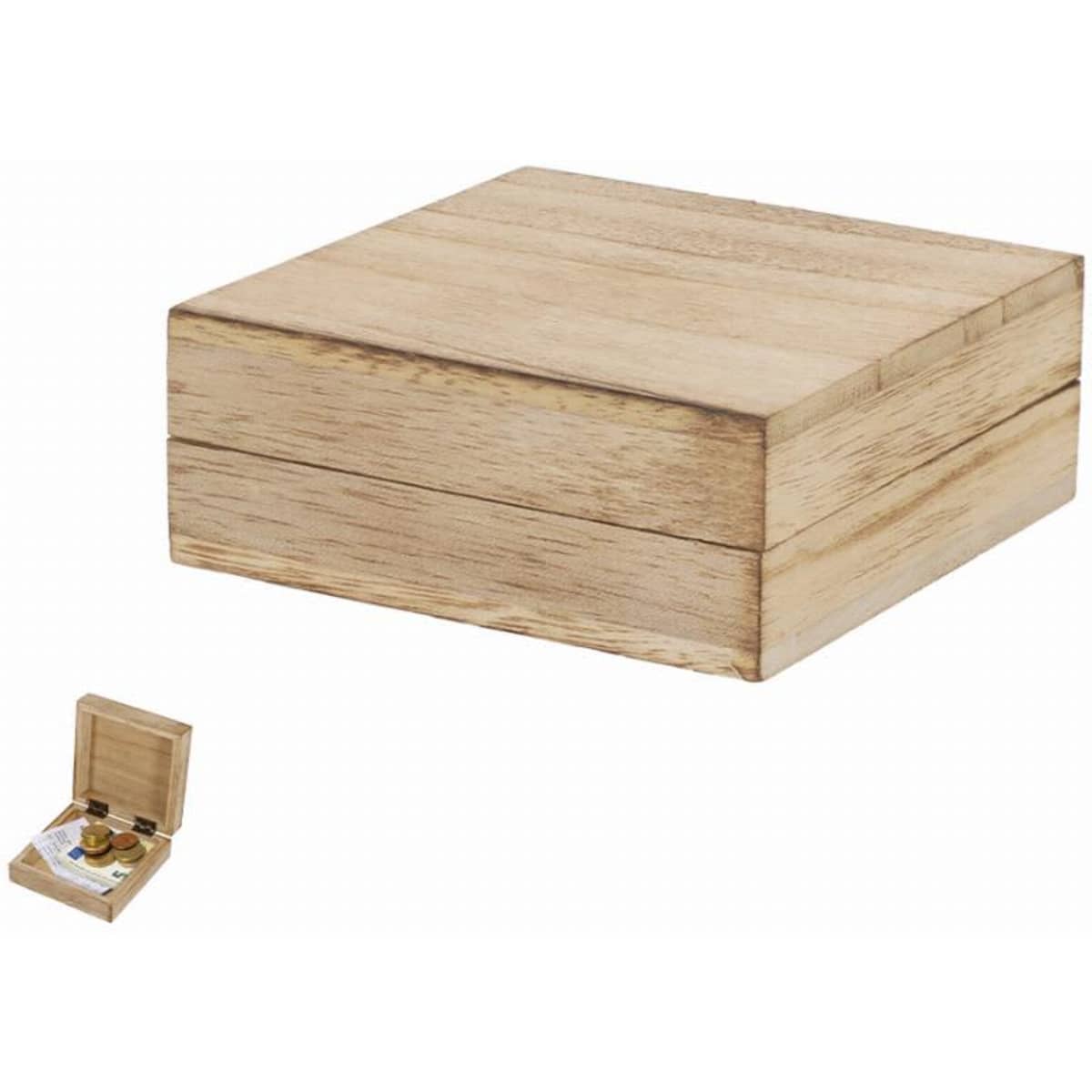 A wooden box with a natural finish, featuring a smaller box inside it.
