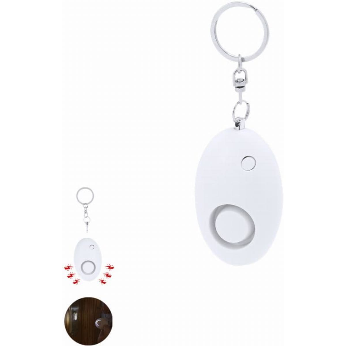A keychain-sized device in white with a circular button, featuring a metal keyring for attachment.