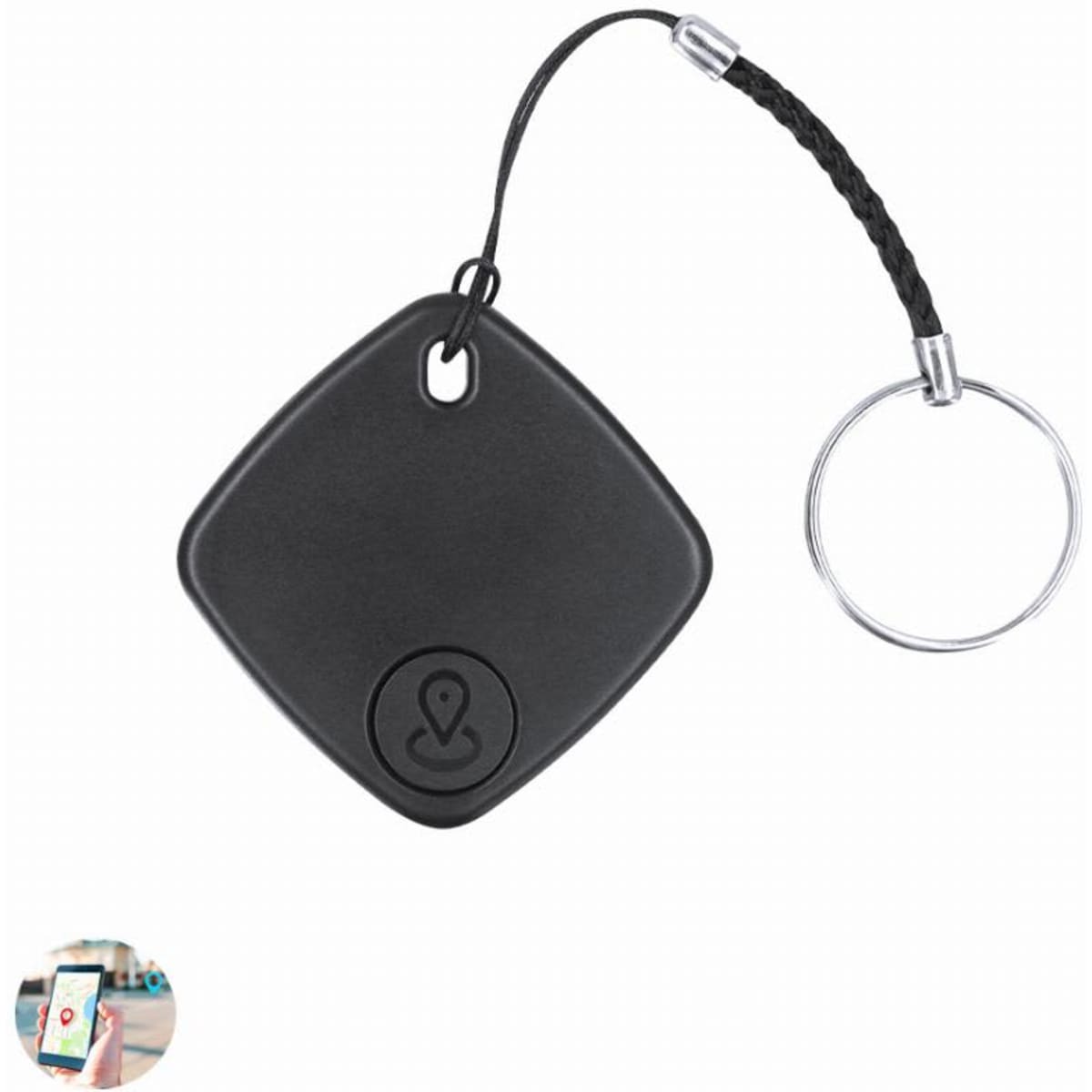 A black tracking device with a keyring attachment and a braided strap. It features a round button on the front.