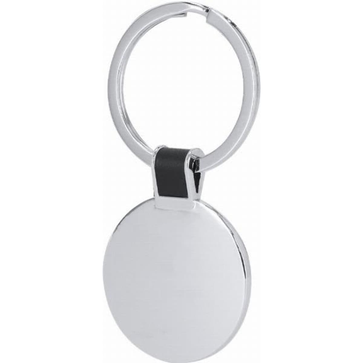 A key ring with a circular metallic body and a black accent. It features a shiny silver finish.