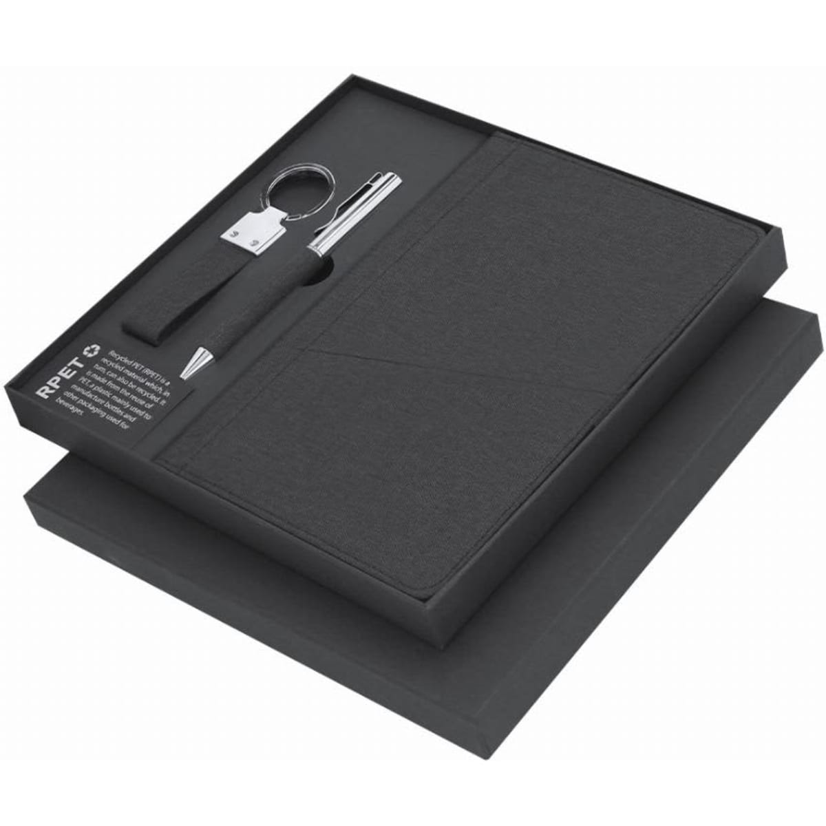 A gift set in a black box containing a notebook, pen, and keyring. The box has a sleek, minimalist design.