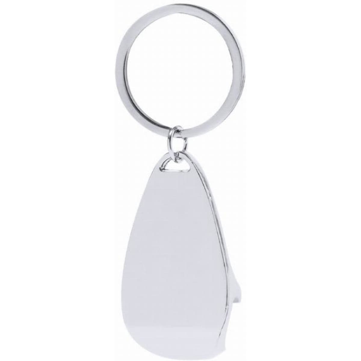 A keyring featuring a silver metal design with a teardrop shape and a circular attachment.