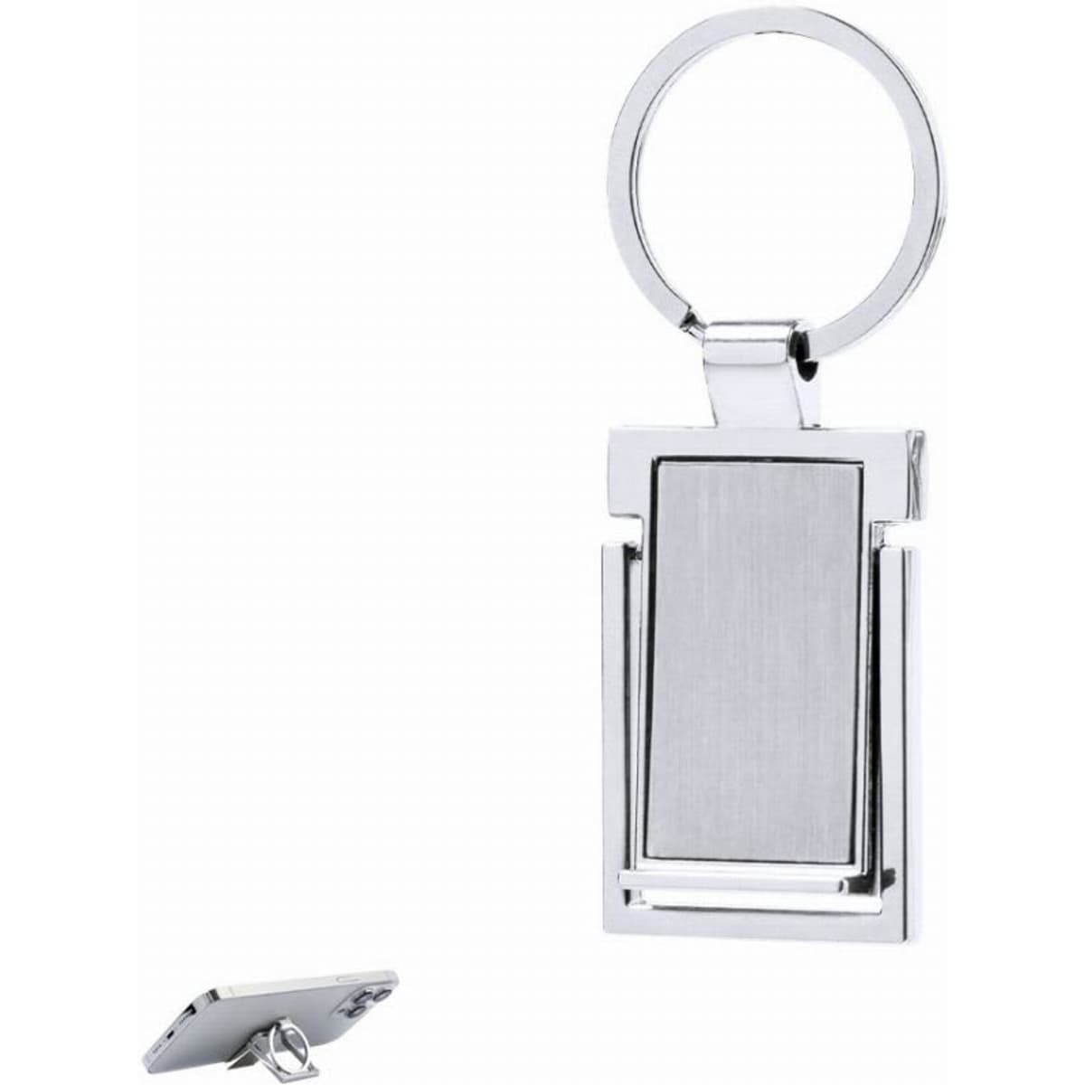 A silver keyring with a rectangular flat surface for engraving, featuring a sleek, modern design.