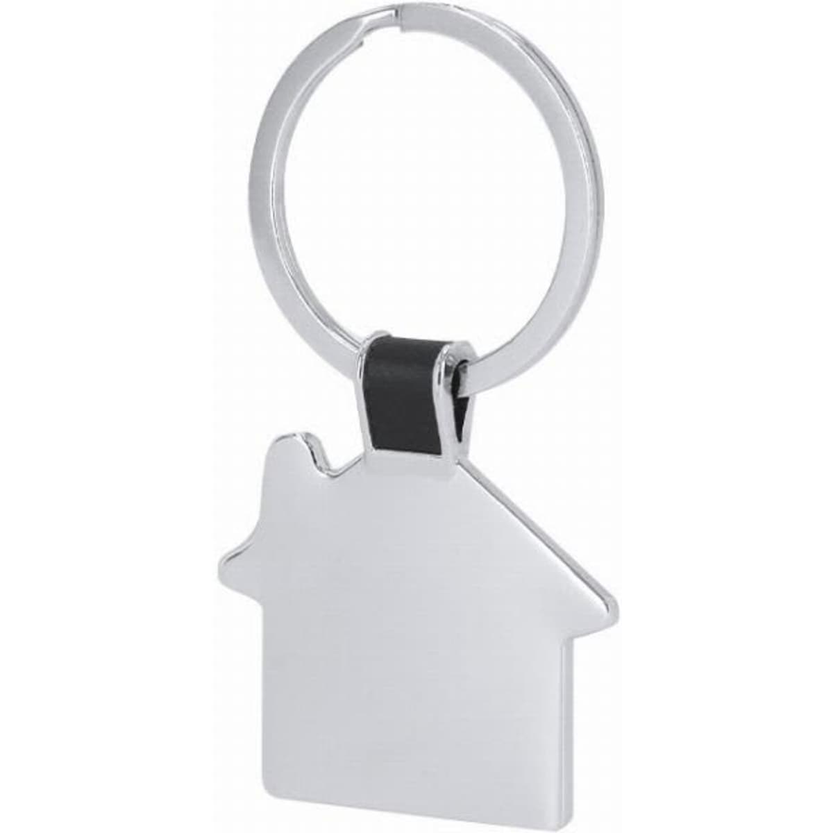 A keyring in the shape of a house, featuring a shiny silver finish and a black accent.