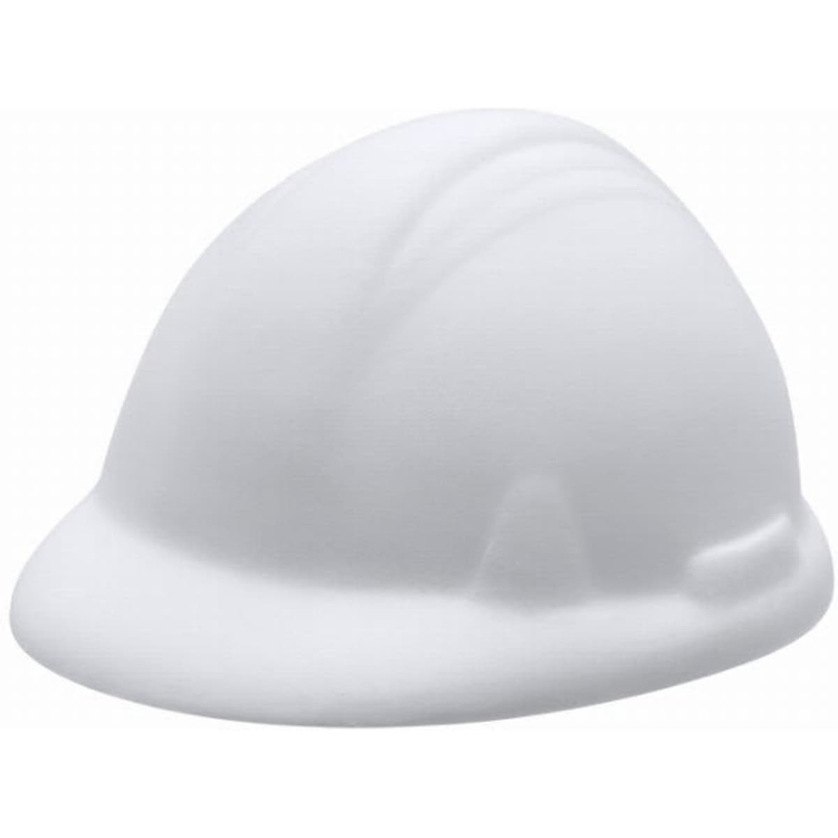 A foam white hard hat with a textured surface and curved design. It features a small logo on the side.