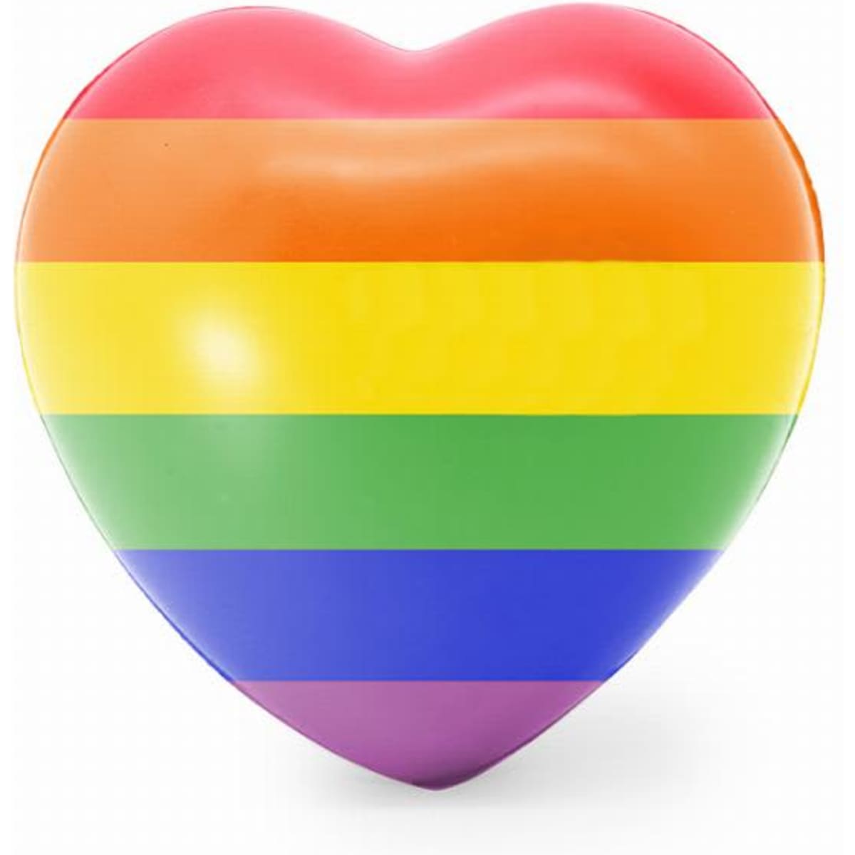 A heart-shaped object featuring rainbow stripes in vibrant colours of red, orange, yellow, green, blue, and purple.