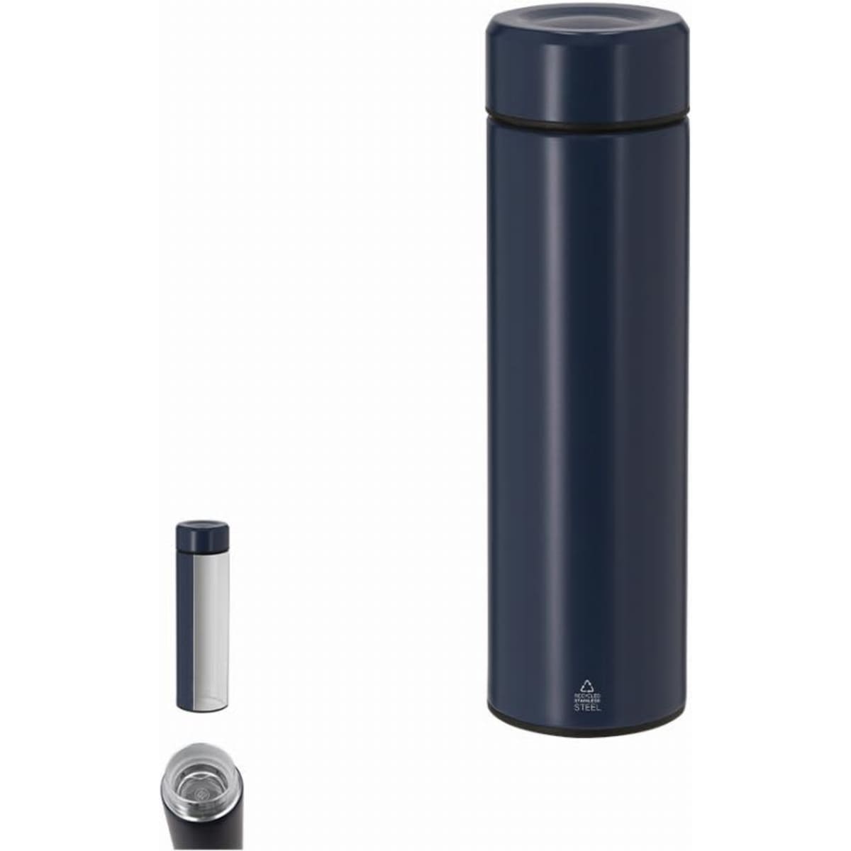 A drink bottle in dark navy with a sleek design, featuring a lid and a logo on the body.