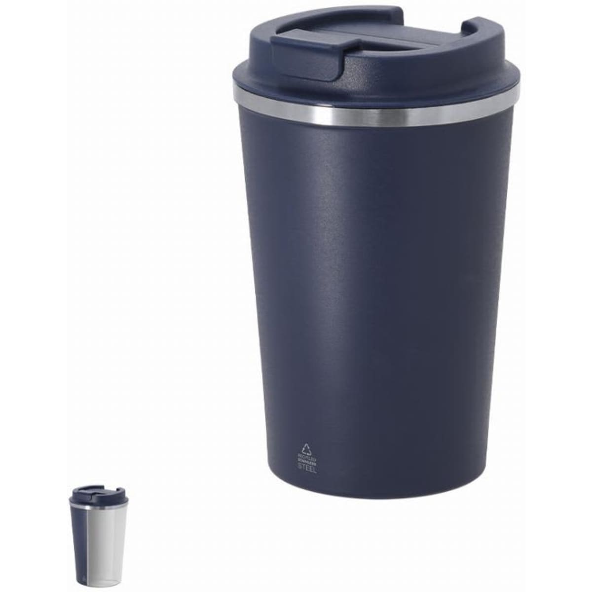 A drink bottle in navy blue with a silver band and a secure lid, featuring a logo.