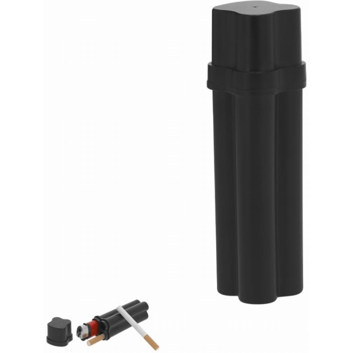 A drink bottle in matte black with a screw cap, featuring a compact, cylindrical design. It has a logo on it.