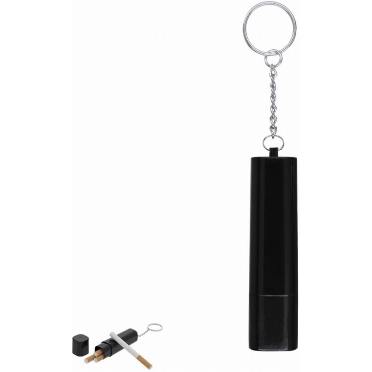 A black keychain tool with a cylindrical design, featuring a removable cap and a small wooden stick inside.