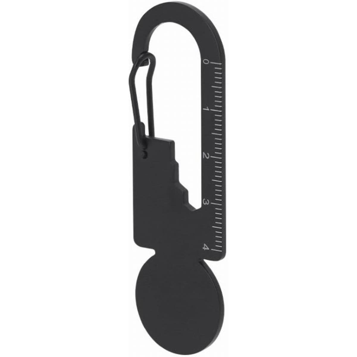 A black measuring device with a round base and a hooked clip, featuring a ruler scale on the side.