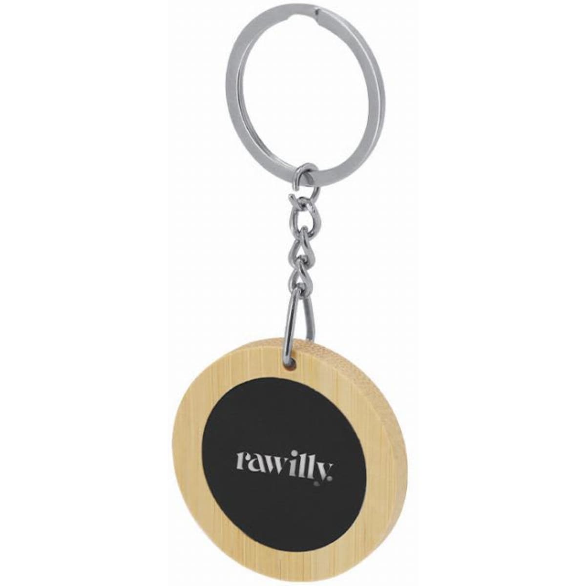 A keyring featuring a bamboo circular tag with a black centre and a metal chain. It has a logo on one side.