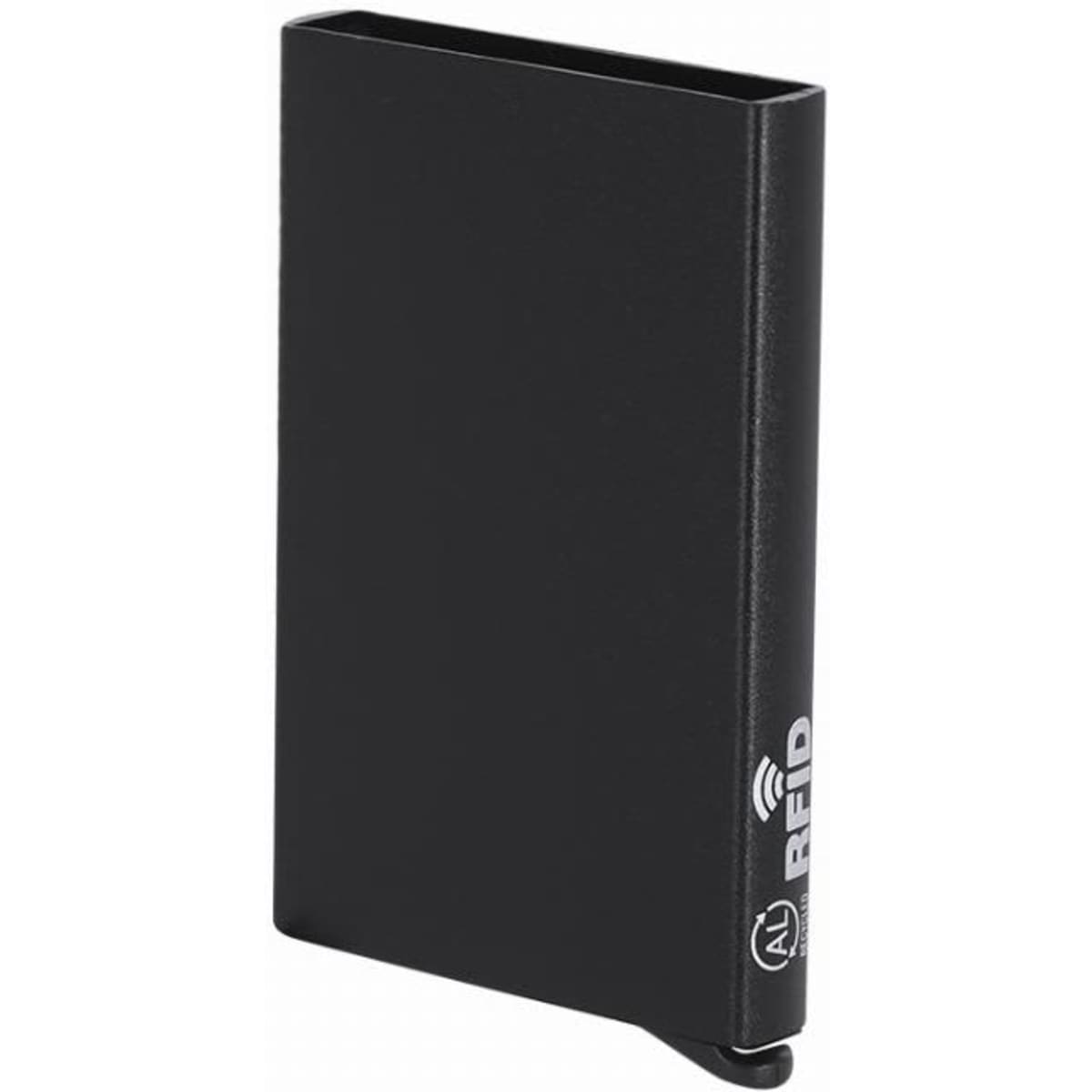 A slim black RFID blocking wallet with a sleek, minimalist design and a logo on the side.