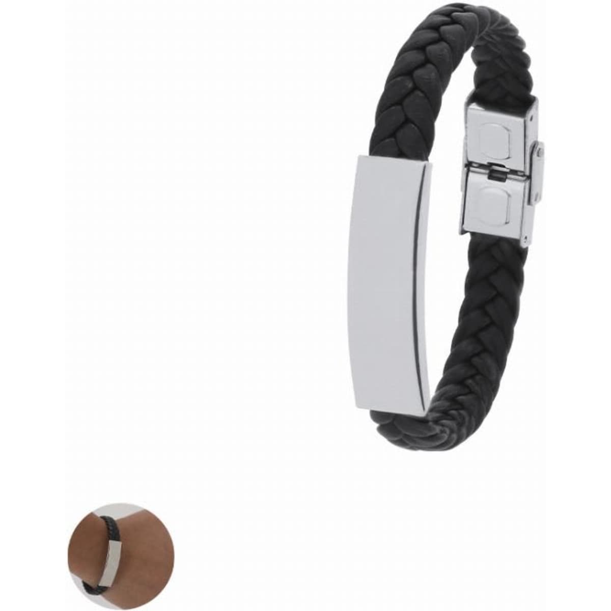 A black braided leather bracelet with a silver metal clasp and a polished silver plate.