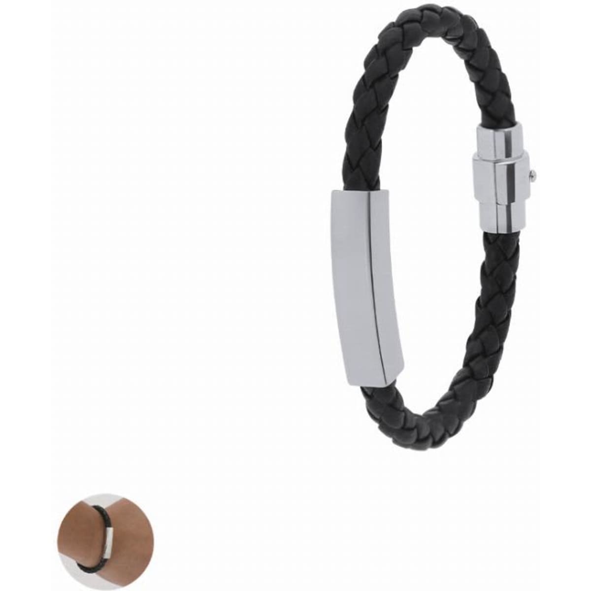 A bracelet featuring braided black leather and a silver metal clasp. Includes a circular wooden piece.
